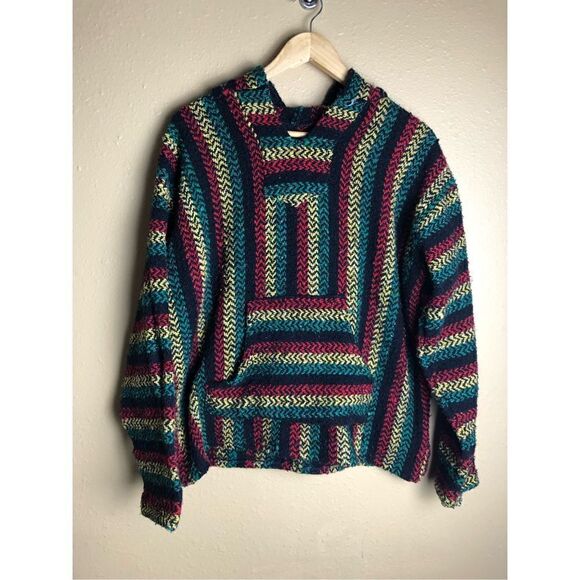 BAJA JOE Striped Hippie Boho Rasta Poncho Hoodie Size S Black Green,Red - Picture 2 of 15